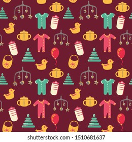 Baby seamless pattern. Flat style background. Newborn, child symbols