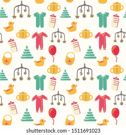 Baby seamless pattern. Flat style background. Newborn, child symbols