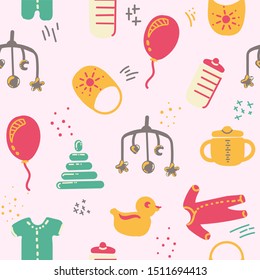 Baby seamless pattern. Flat style background. Newborn, child symbols