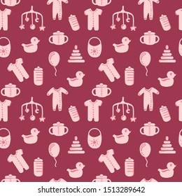 Baby seamless pattern. Flat style background. Newborn, child symbols
