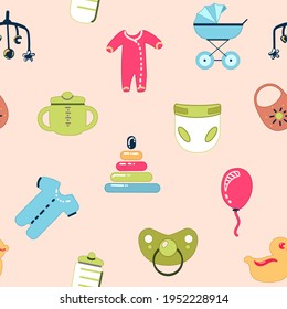 Baby seamless pattern. Flat style background. Newborn, child symbols