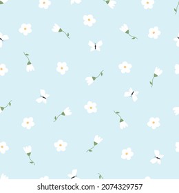 Baby seamless pattern Flower background randomly placed on a blue background Hand drawn design in cartoon style, used for fabrics, textiles, vector illustration.