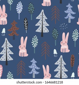 Baby nahtlose Muster mit Wald, Bäumen und süßem Kaninchen. Vektorillustration-Textur im kindischen Stil, ideal für Stoff und Textilien, Tapeten, Hintergründe. Pastellfarben.