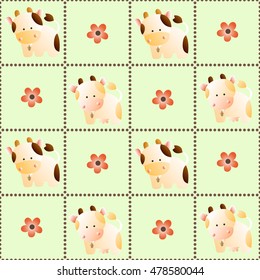 baby seamless pattern with a funny cute farm cows, on a light green background