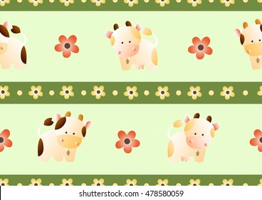 baby seamless pattern with a funny cute farm cows, on a light green background