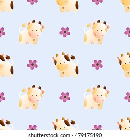 baby seamless pattern with a funny cute farm cows and bulls, on a light blue background. Hand drawn vector stock illustration
