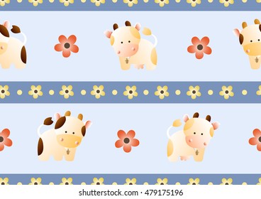 baby seamless pattern with a funny cute farm cows and bulls, on a light blue background. Hand drawn vector stock illustration
