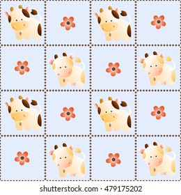 baby seamless pattern with a funny cute farm cows and bulls, on a light blue background. Hand drawn vector stock illustration