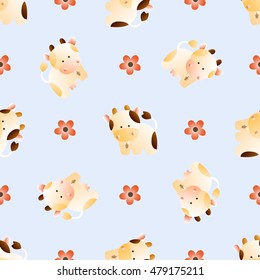 baby seamless pattern with a funny cute farm cows and bulls, on a light blue background. Hand drawn vector stock illustration