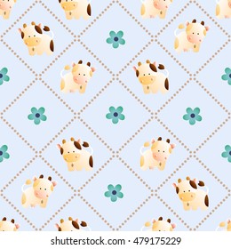 baby seamless pattern with a funny cute farm cows and bulls, on a light blue background. Hand drawn vector stock illustration