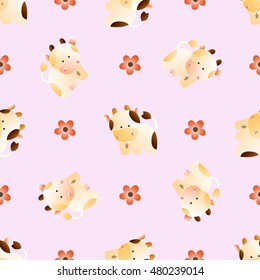 baby seamless pattern with a funny cute farm cows and bulls, on a light pink background. Hand drawn vector stock illustration