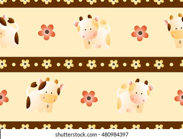 baby seamless pattern with a funny cute farm cows and bulls, on a light beige background. Hand drawn vector stock illustration