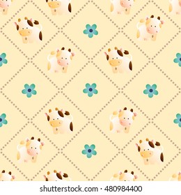 baby seamless pattern with a funny cute farm cows and bulls, on a light beige background. Hand drawn vector stock illustration