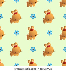 baby seamless pattern with a funny cute rabbits, on a light green background. Hand drawn vector stock illustration