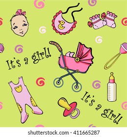 Baby seamless pattern, it's a girl. Vector girl  seamless pattern background with hand drawn elements.