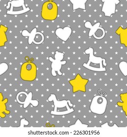 Baby seamless pattern. Gray, yellow, white colors. Illustrations of rocking horse, pacifier, baby clothes, teddy bear, bib, star, heart on star-shaped background. 