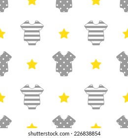 Baby seamless pattern. Gray, yellow, white colors. Illustration of baby clothes and stars. 