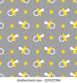 Baby seamless pattern. Gray, yellow, white colors. Illustration of baby pacifiers and stars. Also for printing on paper and fabric. 