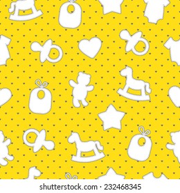 Baby seamless pattern. Gray, yellow, white colors. Illustrations of rocking horse, pacifier, baby clothes, teddy bear, bib, star, heart on heart-shaped background. 