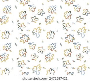 Baby seamless pattern green Flower background randomly placed on a white background Hand drawn design in cartoon style, used for fabrics, textiles, gift wrapping,