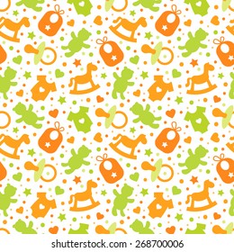 Baby seamless pattern. Green and orange colors. Icons of baby items. Also for printing on paper and fabric. 