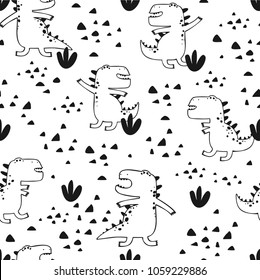 Baby seamless pattern with hand drawn dino. Creative vector childish background for fabric, textile, nursery wallpaper. Black and white style.