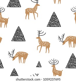 Baby seamless pattern with hand drawn deers and mountains. Creative vector childish background for fabric, textile, nursery wallpaper.