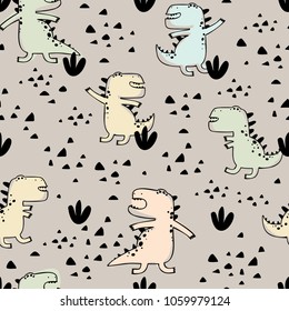 Baby seamless pattern with hand drawn dino. Creative vector childish background for fabric, textile, nursery wallpaper.