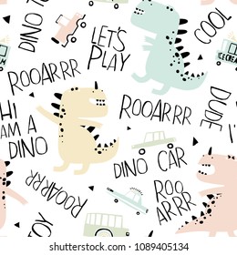 Baby seamless pattern with hand drawn dino and toy cars. Creative vector childish background for fabric, textile, nursery wallpaper. Pastel colors.