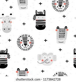 Baby seamless pattern with hand drawn animals. Trendy scandinavian vector background. Vector texture in childish style great for fabric and textile, wallpapers, backgrounds.