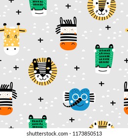 Baby seamless pattern with hand drawn animals. Trendy scandinavian vector background. Vector texture in childish style great for fabric and textile, wallpapers, backgrounds.