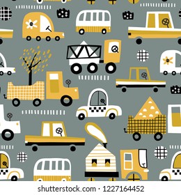 Baby seamless pattern with hand drawn cute car. Perfect for kids fabric, textile, nursery wallpaper. Vector seamless pattern with doodle toy cars.