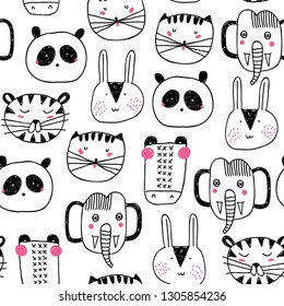 Baby seamless pattern with hand drawn animals. Trendy scandinavian vector background. Vector texture in childish style great for fabric and textile, wallpapers, backgrounds.