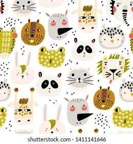 Baby seamless pattern with hand drawn animals. Trendy scandinavian vector background. Vector texture in childish style great for fabric and textile, wallpapers, backgrounds.