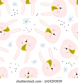 Baby seamless pattern with hand drawn rabbit and flowers. Trendy scandinavian vector background. Vector texture in childish style great for fabric and textile, wallpapers, backgrounds.
