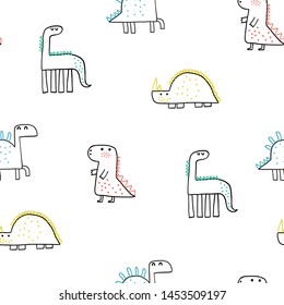 Baby seamless pattern with hand drawn dino in scandinavian style. Creative vector childish background for fabric, textile, wallpaper.