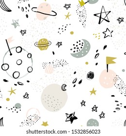 Baby seamless pattern with hand drawn space elements. Seamless vector texture for baby design. 