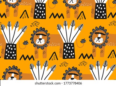 Baby seamless pattern with hand drawn lion and exotic trees. Creative vector childish background for fabric, textile, nursery wallpaper. Vector Illustration. Orange background.