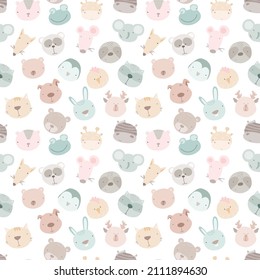 Baby seamless pattern with hand drawn animals. Seamless background with cute animals head.  childish style great for fabric and textile, wallpapers, backgrounds.
