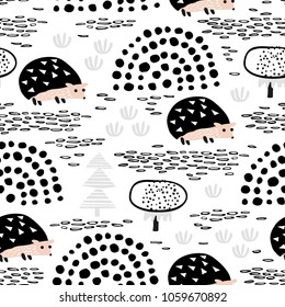 Baby seamless pattern with hedgehogs on a meadow among mushrooms and plants. Creative vector childish background for fabric, textile, nursery wallpaper.