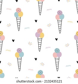 Diseño de la mano del cono de helado de patrón sin costura para bebé con fondo blanco