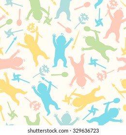 Baby seamless pattern. Illustration of a child in the movement holds various items.