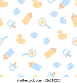 Baby seamless pattern with items for kids on white background. Background for boy.