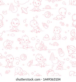 Baby seamless pattern. Little baby girls and boys in diaper and pajamas play, sleep, sit, crawl. Toys, clothes, icons, symbols of childhood and maternity. Endless background vector illustration.