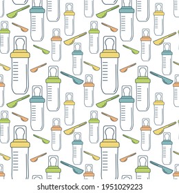 Baby seamless pattern with baby milk or water bottles and measuring spoons . The concept of food and drink .