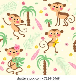 Baby seamless pattern with monkey and flowers. Funny background  in vector.