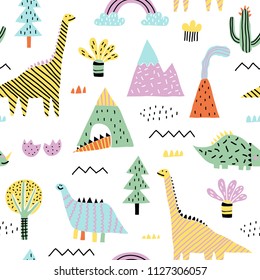 Baby seamless pattern with mountain, volcano, dinosaurs and tropical plants. Vector texture in childish style great for fabric and textile, wallpapers, backgrounds. Scandinavian style.