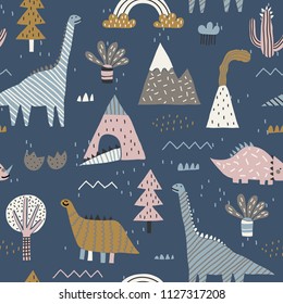 Baby seamless pattern with mountain, volcano, dinosaurs and tropical plants. Vector texture in childish style great for fabric and textile, wallpapers, backgrounds. Scandinavian style. Dark gamma.