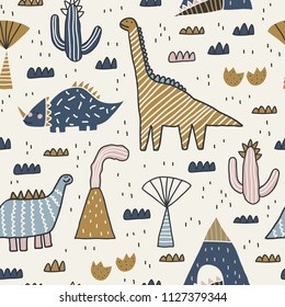 Baby seamless pattern with mountain, volcano, dinosaurs and tropical plants. Vector texture in childish style great for fabric and textile, wallpapers, backgrounds. Scandinavian style.