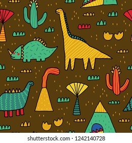 Baby seamless pattern with mountain, volcano, dinosaurs and tropical plants. Vector texture in childish style great for fabric and textile, wallpapers, backgrounds. Scandinavian style.